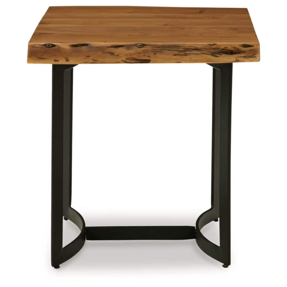 Square Light Brown and Black Wood Metal End Table