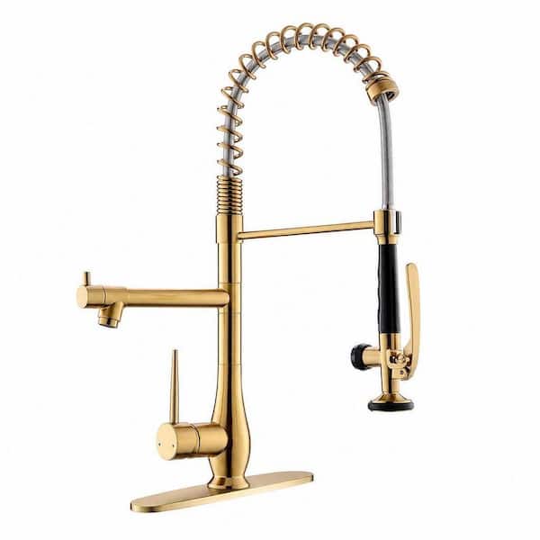 1-Piece Stainless Steel Kitchen Faucet in Gold, Single Handle Pull Down Sprayer Faucet with Deck Plate