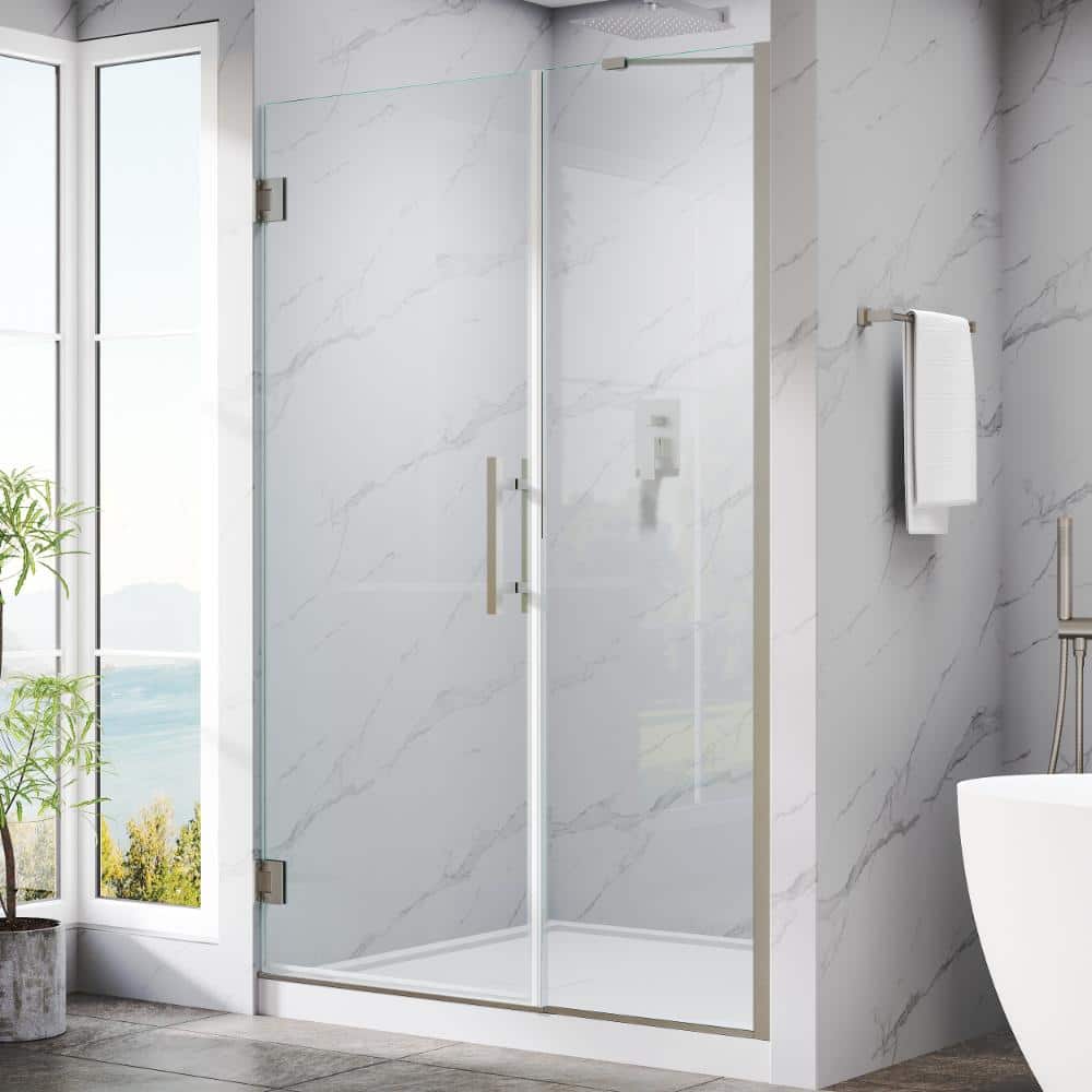 "49-50 in. W x 72 in. H Pivot Hinged Frameless Shower Door in Brushed Nickel with 3/8"" SGCC Clear Tempered Glass" price history on PriceWatchPro