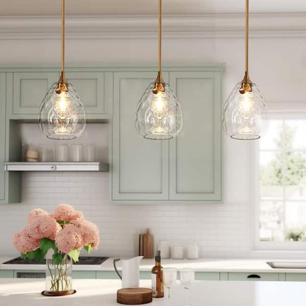 Modern 1-Light Plated Brass Teardrop Pendant Light with Clear Water Glass for Dining Kitchen Island Stem Hanging Lamp