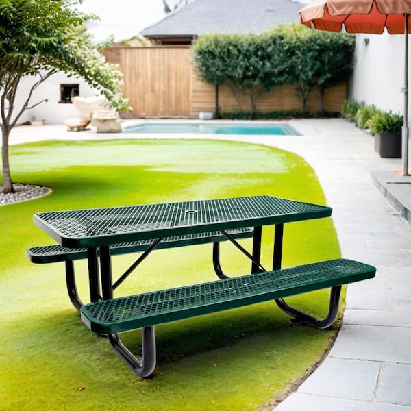 Lycvki 6 ft. Rectangular Outdoor Steel Picnic Table with Umbrella Pole in Green