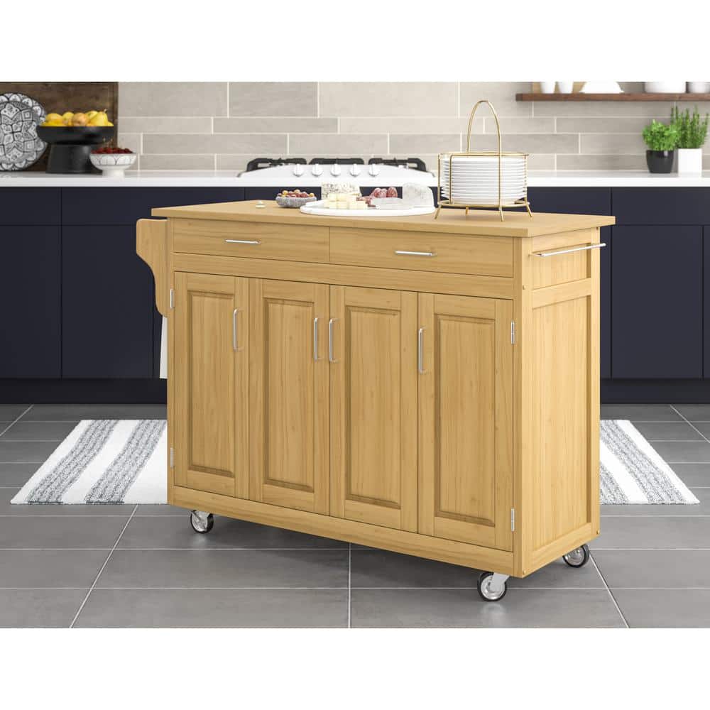 Natural Wood Kitchen Cart with Spice Rack and Storage