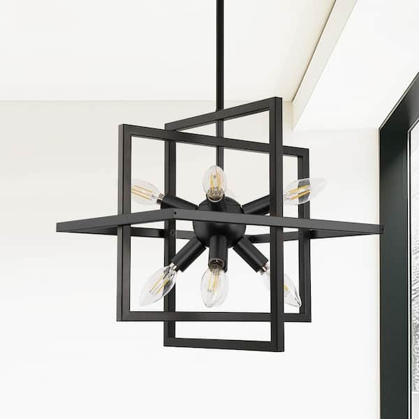 8-Light Matte Black Chandelier Pendant Light with Iron Frame and Satellite Head Design for Dining Room, Foyer, Entryway