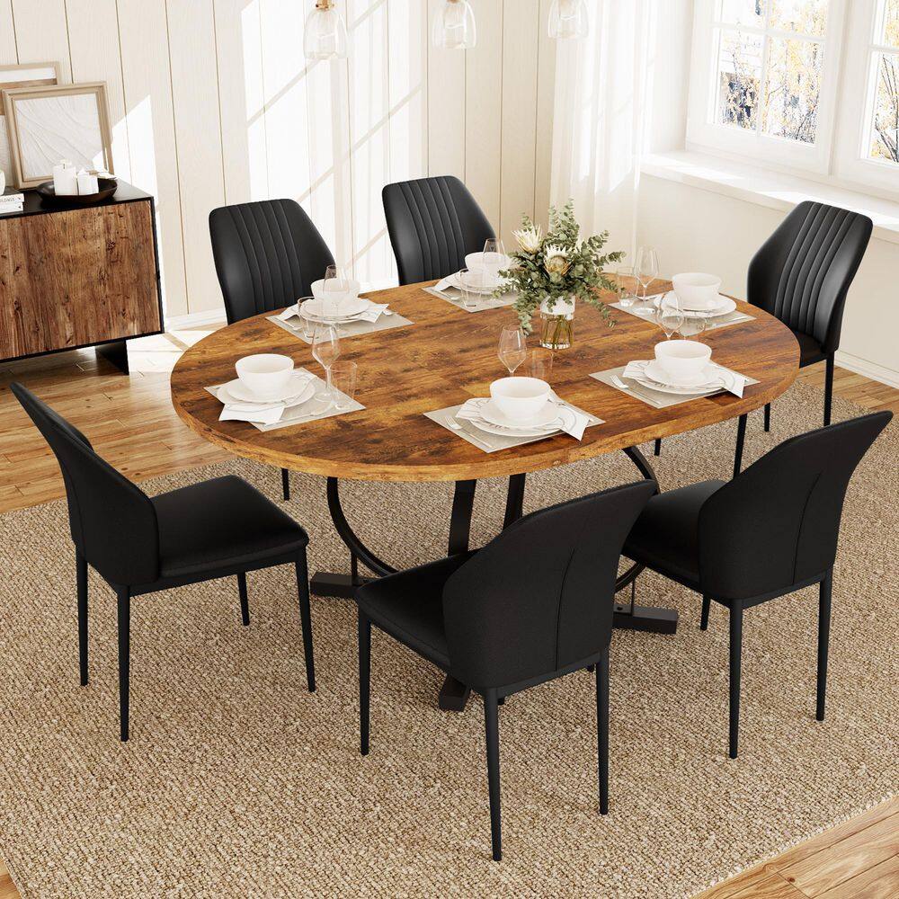 7-Pieces Round Vintage Brown MDF Top Extendable ining Table Set Seating 6-People with 6-Black Chairs price history on PriceWatchPro