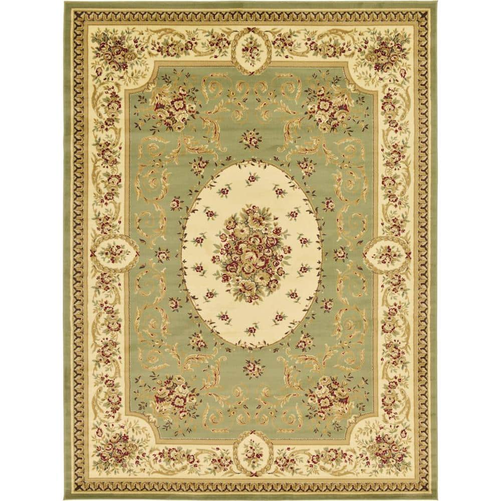 Green and Beige Floral Rectangular Synthetic 9' x 12' Area Rug