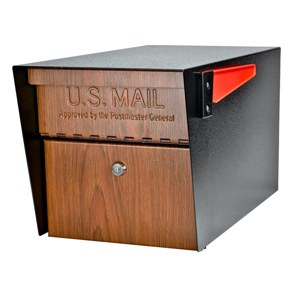 Extra Large Wood Grain and Black Locking Post-Mount Mailbox Set