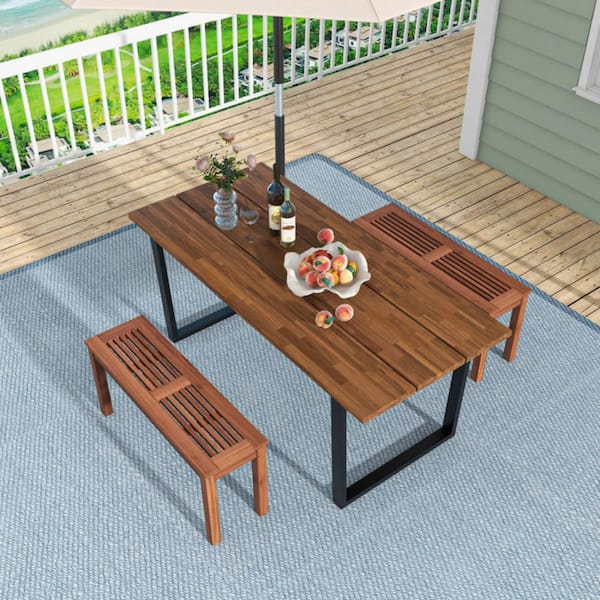 2-Seater Wood Outdoor Backless Dining Bench with Slatted Seat