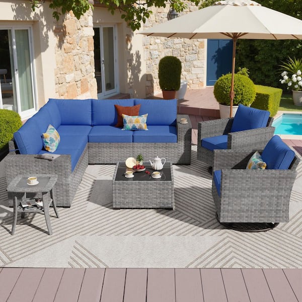 OVIOS Bissty Gray 9-Piece Wicker Wide Arm Patio Conversation Set with Navy Blue Cushions and Swivel Rocking Chairs