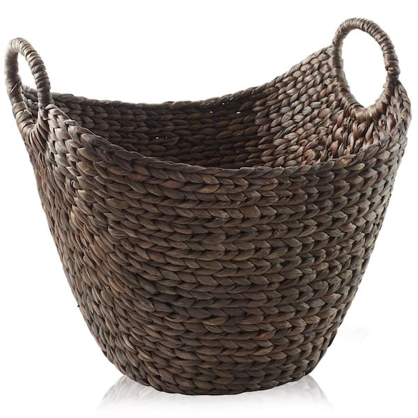 Brown Espresso 18 in. x 20 in. Large Wicker Water Hyacinth Decorative Basket Boat Shaped Storage Tote for Laundry