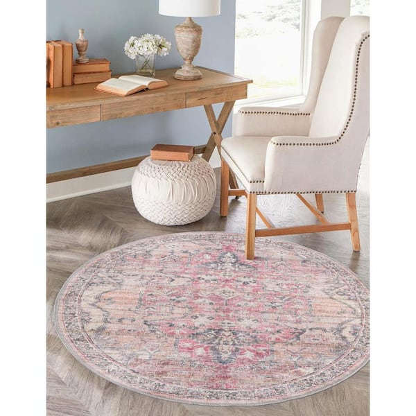 Nostalgia Meknes Beige Pink 8 ft. Round Machine Washable Area Rug