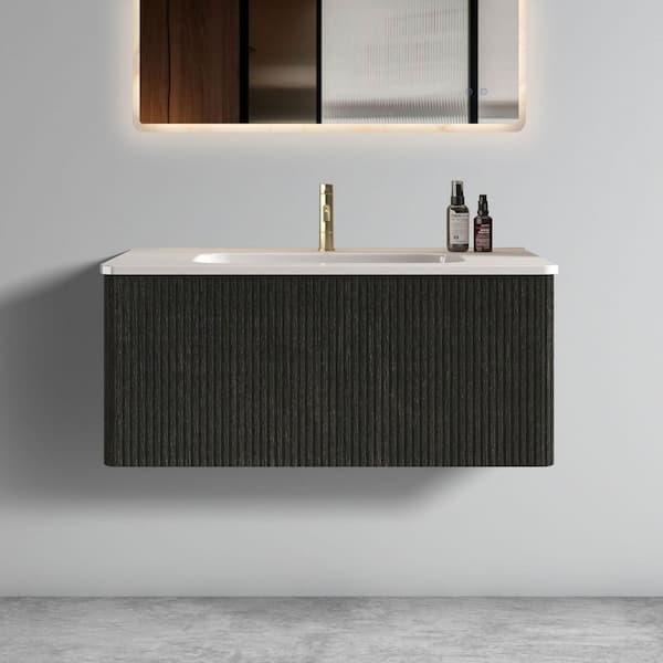 36 in. Single Sink Floating Black Bath Vanity with White Ceramic Top (Assembled), Curved Edges