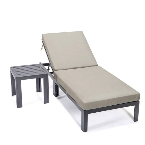 Leisuremod Chelsea Modern Black Aluminum Outdoor Patio Chaise Lounge Chair with Side Table and Beige Cushions