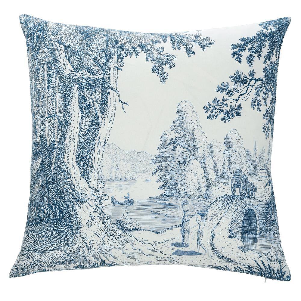 Blue and White Linen Square Throw Pillow
