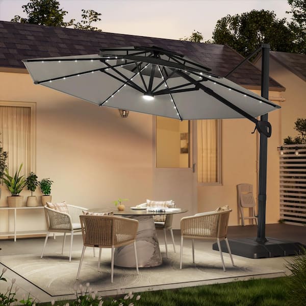 JOYESERY 11ft. LED Patio Hanging Double Top Octagon Cantilever Umbrella with 360° Rotating Canopy in Gray