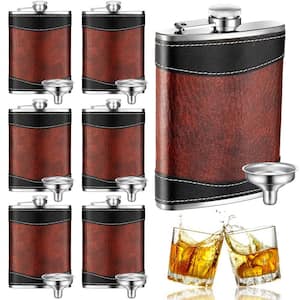 8 oz. Stainless Steel Hip Flasks: 6-Piece Leather-Wrapped Liquor Set with Funnel