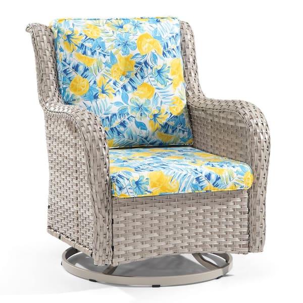 Wicker Outdoor Rocking Chair Patio Swivel with Lemon Blossom Blue Cushions