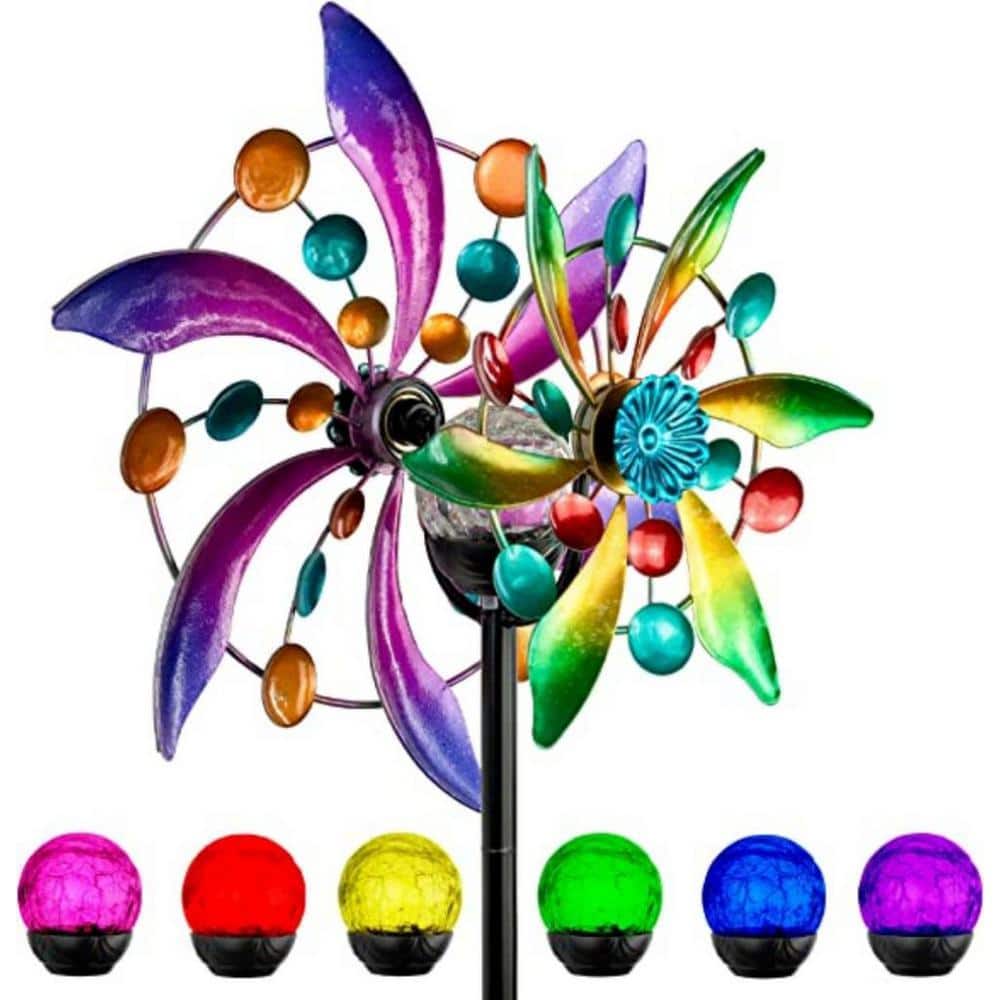 56.3 in. Solar Wind Spinner with Metal Garden Stake, Purple Changing LED So