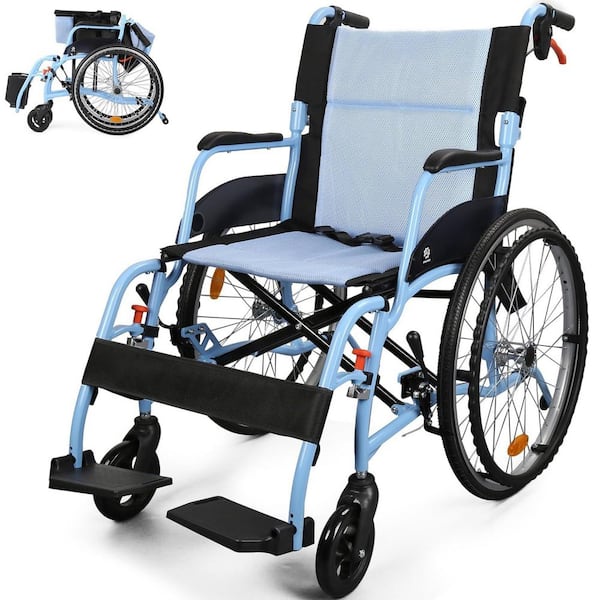 Folding Manual Wheelchair with Lightweight Aluminum Frame, Dual Brakes, Breathable Mesh Seat & Anti-Tip Safety, Blue