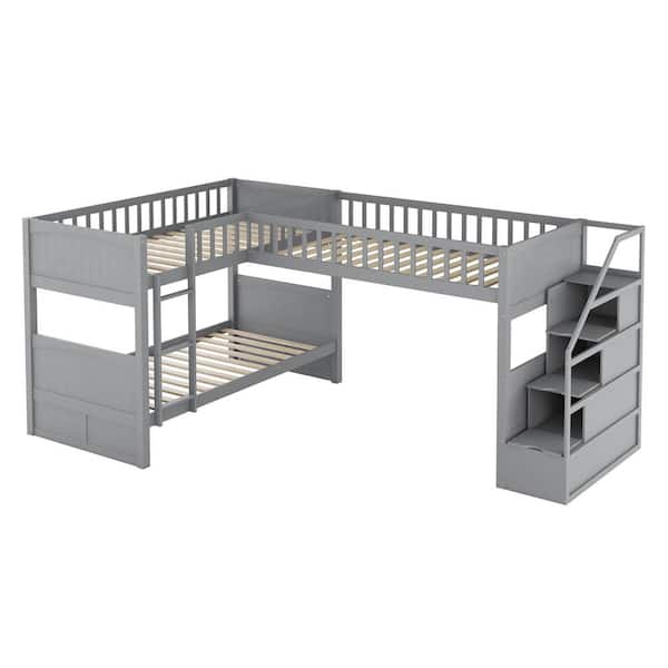 URTR Grey Twin-Over-Twin-Over-Twin Wooden L-Shaped Triple Bunk Bed with Storage Stairway, Bunk Bed for Family, Kids, Teens