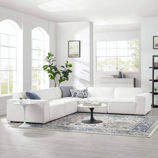 MODWAY Restore 122.50 in. Square 5-Piece Fabric Rectangle Sectional Sofa in. White with Durable Polyester Fabric Upholstery