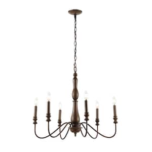 6-Light Brown Victoria 29 in. Rustic Midcentury Iron LED Chandelier