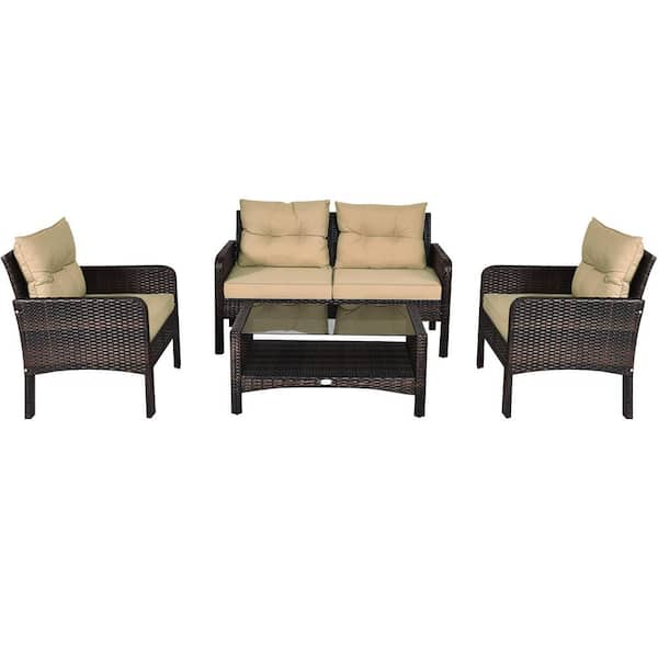 ANGELES HOME 4-Piece PE Wicker Outdoor Patio Conversation Sofa Set with Brown Cushions