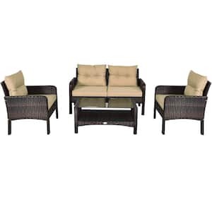 5-Pieces Patio Rattan Sofa Ottoman Furniture Set with Beige Cushions