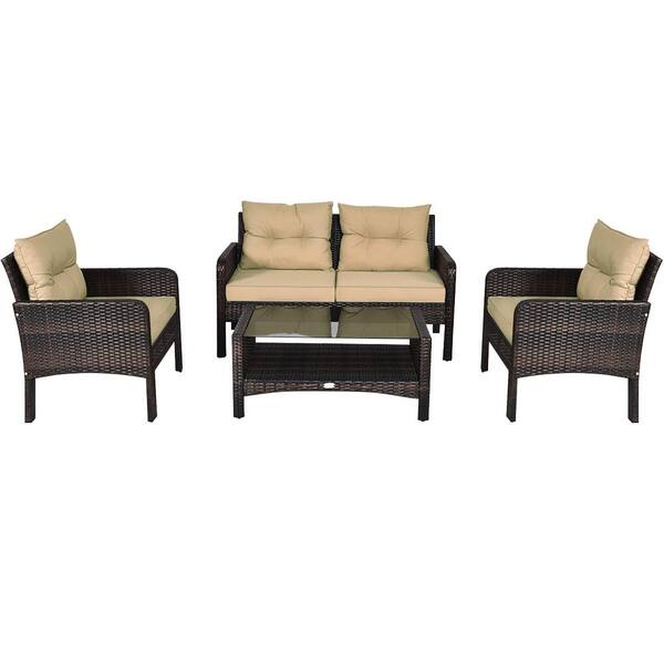 FORCLOVER 5-Pieces Patio Rattan Sofa Ottoman Furniture Set with Beige Cushions