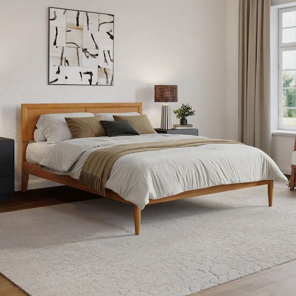 Ellarie Light Toffee Natural Bronze Wood Frame Queen Platform Bed with Adjustable Headboard
