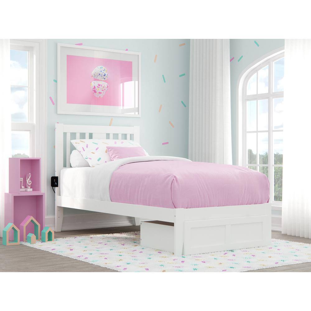 Tahoe Twin Mission White Wood Bed with Storage Drawer & USB Charger
