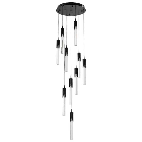 OUKANING 10-Light Integrated LED Black Adjustable Long Attic Chandelier with Crystal Lamp Strips for Living Room Foyer