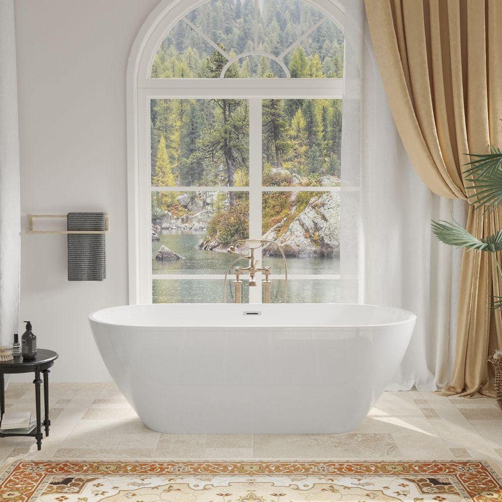 59 in. x 29.5 in. Acrylic Double Slipper Freestanding Soaking Bathtub with Brushed Nickel Overflow in Glossy White price history on PriceWatchPro