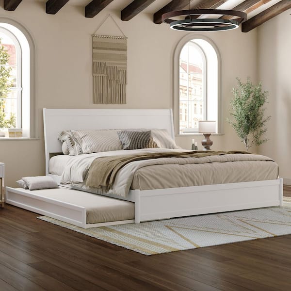 Casanova White Solid Wood Frame King Platform Bed with Panel Footboard and Twin XL Trundle