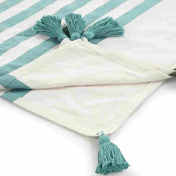 Bay Aqua Blue Hand-Woven Striped Coastal All Natural Cotton Throw