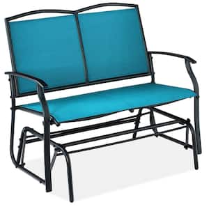 Peacock Blue/Black 2-Person Metal Outdoor Glider, Patio Loveseat, Fabric Bench Rocker for Porch with Armrests