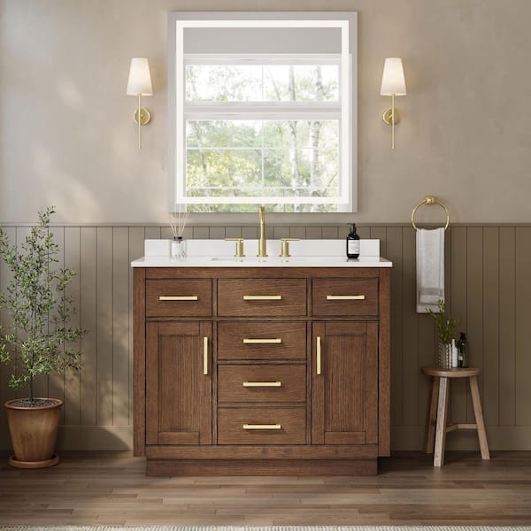 Beckett TK 42 in. Single Freestanding Dark Oak with Brushed Gold Trim Bath Vanity with White Cultured Marble Top