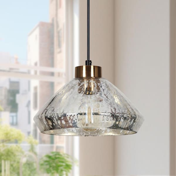 Modern 9.8 in. 1-Light Black and Plated Brass Classic Pendant with Textured Glass Shade Kitchen Island Ceiling Light