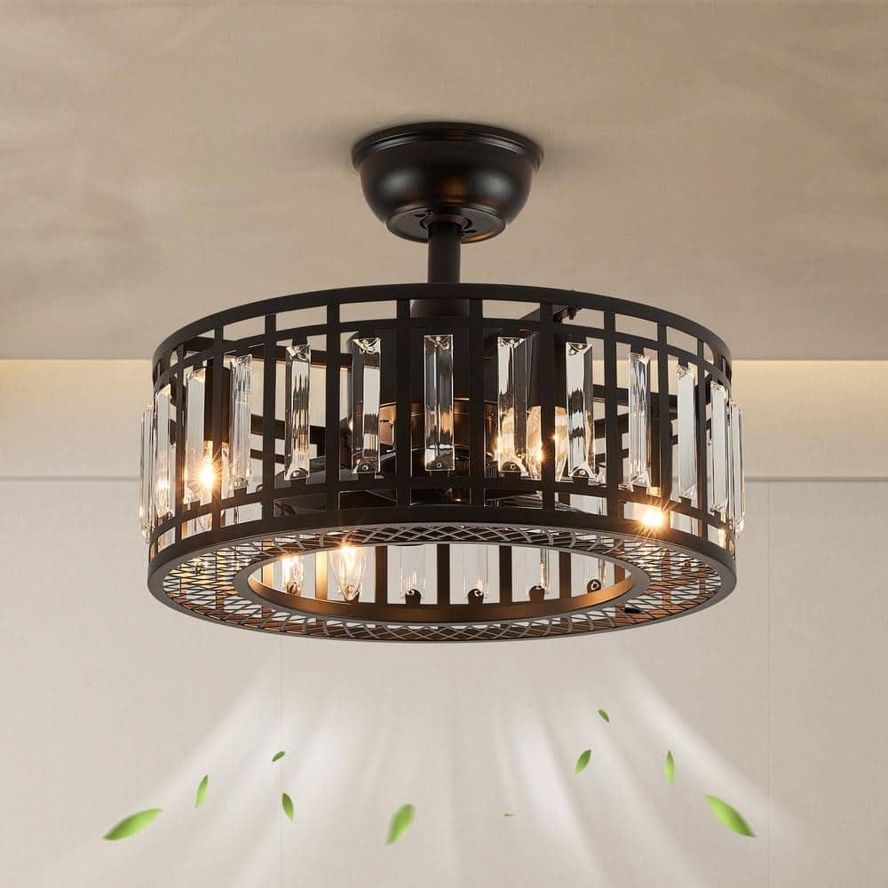 ANTOINE 18 in. Farmhouse Indoor Black Metal Caged Crystal Ceiling Fan ...