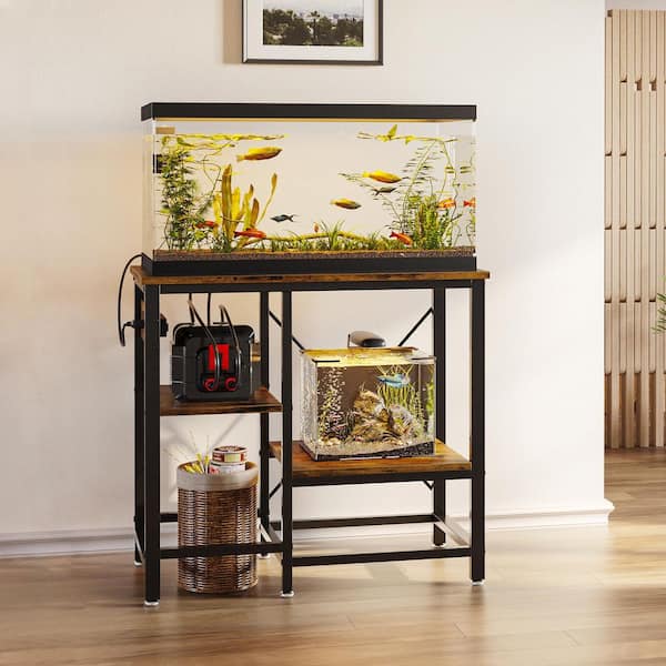 Rustic Brown 30 in. Aquarium Stand with Shelves, Fish Tank Stand with Power Outlet