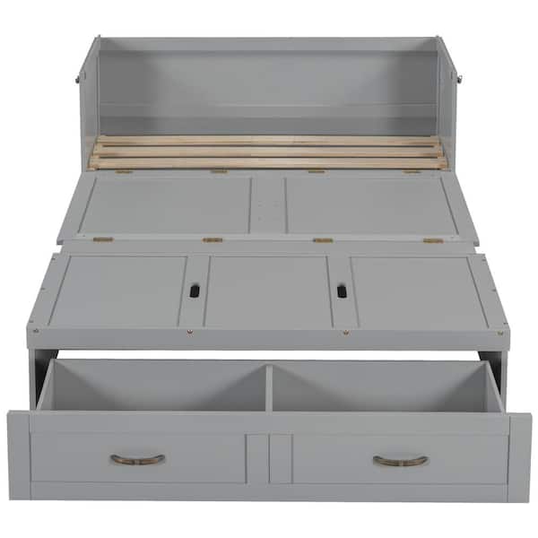 Qualler Gray Wood Frame Full Size Murphy Bed with USB Ports and Drawers