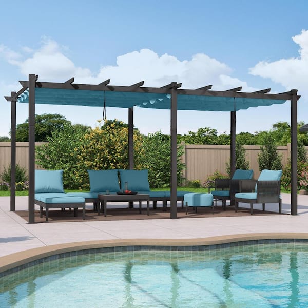 PURPLE LEAF 12 ft. W x 18 ft. D Outdoor Gray Aluminum Pergola with Two Individual Adjustable Blue UV Resistant Sun Shelter Canopies