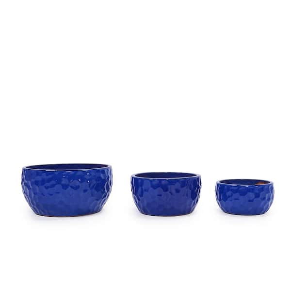 Antique Blue Set of 3 Mixed Size Outdoor Ceramic Plant Pots Stylish Ceramic Planters for Indoor Outdoor Use