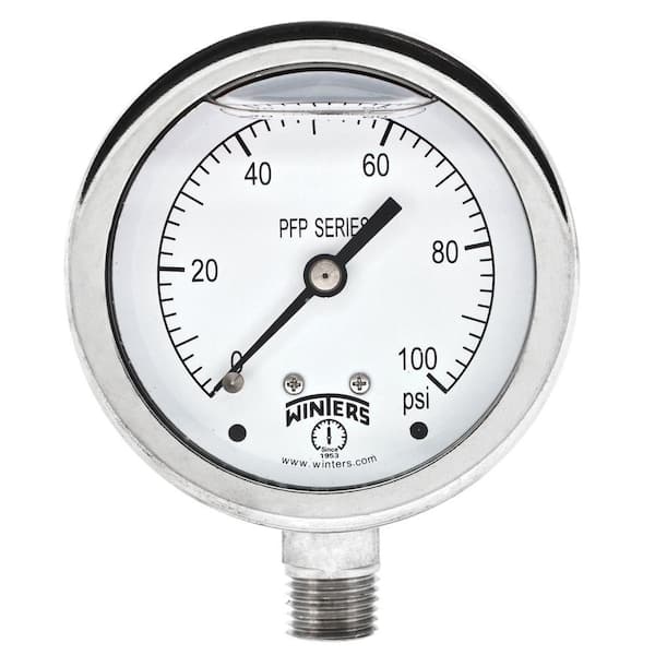 Winters Instruments PFP Series 2.5 in. Stainless Steel Liquid Filled Case Pressure Gauge with 1/4 in. NPT LM and Range of 0-100 psi