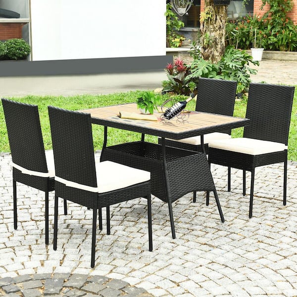 5 of Piece Wicker Outdoor Dining Set Table with White Cushion and Acacia Wood Top