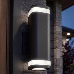 Stark Black Modern Smart Dusk to Dawn Integrated LED Exterior Hardwired Garage Porch-Light Lantern Sconce