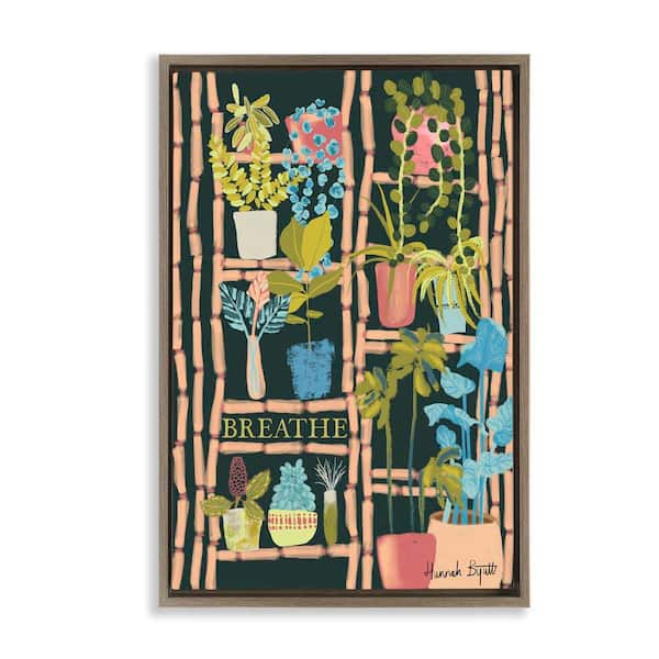 Stupell Industries Plant Shelf on Black by Hannah Byatt Brown Floater Frame Nature Graphic Art Print 25 in. x 17 in.