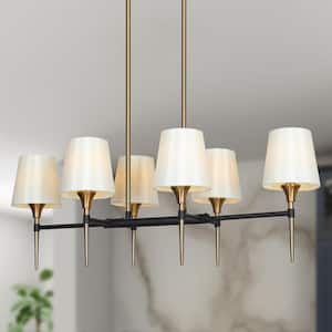 Modern Farmhouse Island Shaded Chandelier Light, 6-Light Brass and Black Chandelier with Cone Fabric Shades