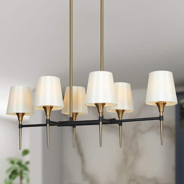 Uolfin Modern Farmhouse Island Shaded Chandelier Light, 6-Light Brass and Black Chandelier with Cone Fabric Shades