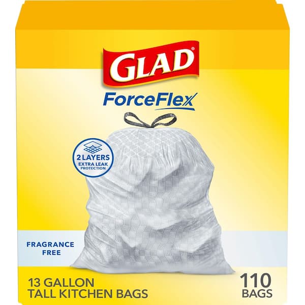 Glad 13 Gal. ForceFlex Tall Kitchen Drawstring Fragrance Free Trash Bags (110-Count)