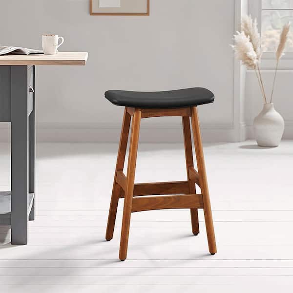 Lillie 25.5 in. Walnut Finish Wood Counter Height Stool with Matt Black Faux Leather Seat (Set of 2)